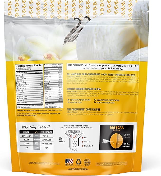 About Time Whey Protein Isolate Powder 25g Vanilla, Natural Ingredients, Non-GMO, Gluten-Free