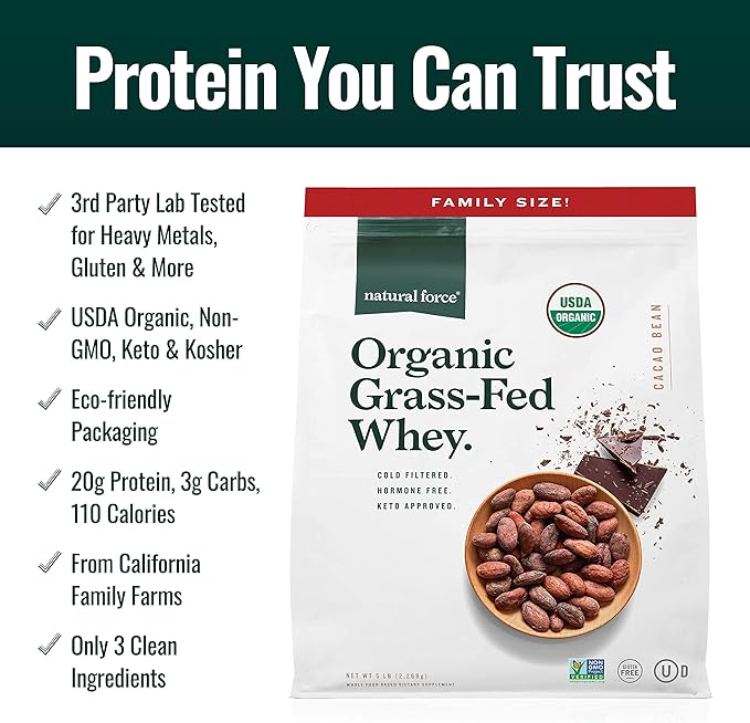 Natural Force Whey Protein Powder ??Chocolate, 5 lbs ??Grass Fed Organic, Pure, Keto & Paleo