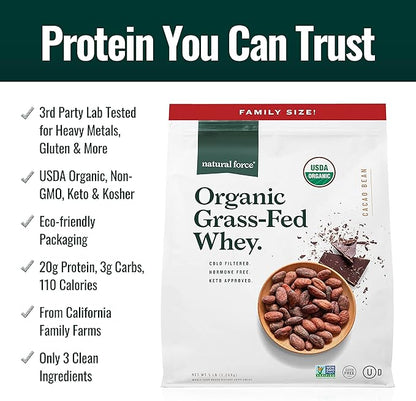 Natural Force Whey Protein Powder ??Chocolate, 5 lbs ??Grass Fed Organic, Pure, Keto & Paleo