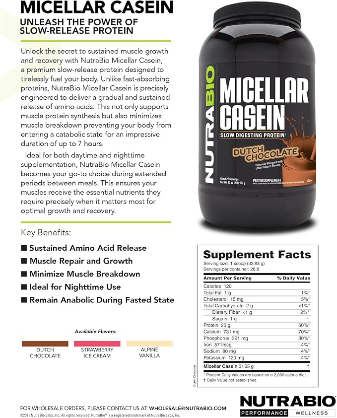 NutraBio Casein Protein Powder, Micellar Casien Powder, 25g Slow Digesting Protein, Helps Keep You