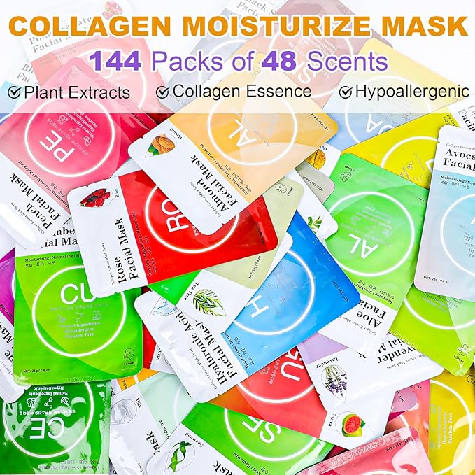 VESPRO 144 Pack Collagen Essence Sheet Facial Masks, Bulk Sheet Masks for Face, Hydrating Facial