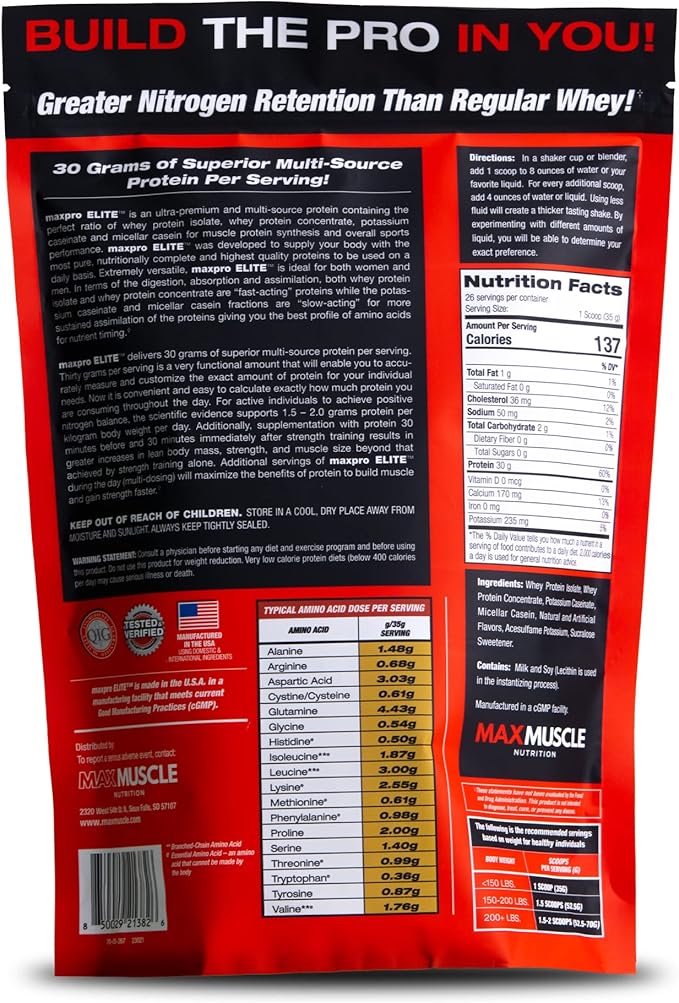 Max Muscle Maxpro Elite Whey Protein Powder | 30g Protein | 0g Sugar | 6.6g BCAAs | Micellar Casein