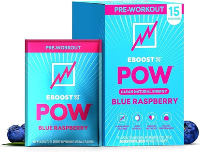 EBOOST POW Natural Pre Workout Powder - 15 Packets, Blue Raspberry - Preworkout Energy Booster Gym