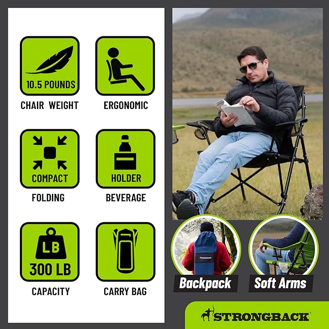 STRONGBACK Camping Chair Guru Heavy Duty Camping Chairs with Lumbar Suppor - Backpack Folding Camp