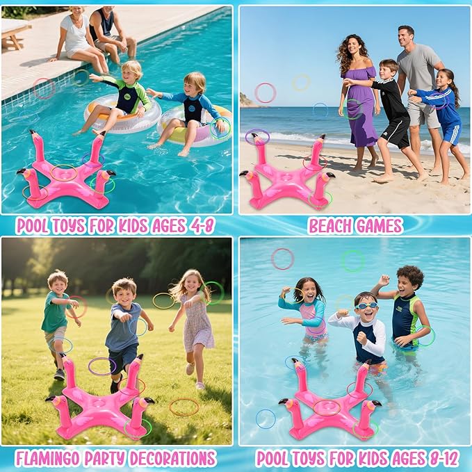 Voiiake Pool Floats Toys Games Set, Inflatable Cross Ring Toss Game Toy with 6pcs Rings for Kids