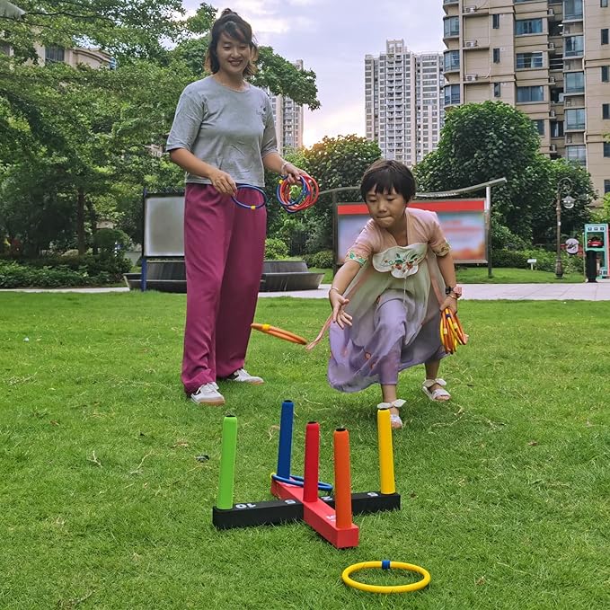 Ring Toss Game for Kids, Indoor & Outdoor Game for Family and Adults with 5 Poles, 2 Bases and 16