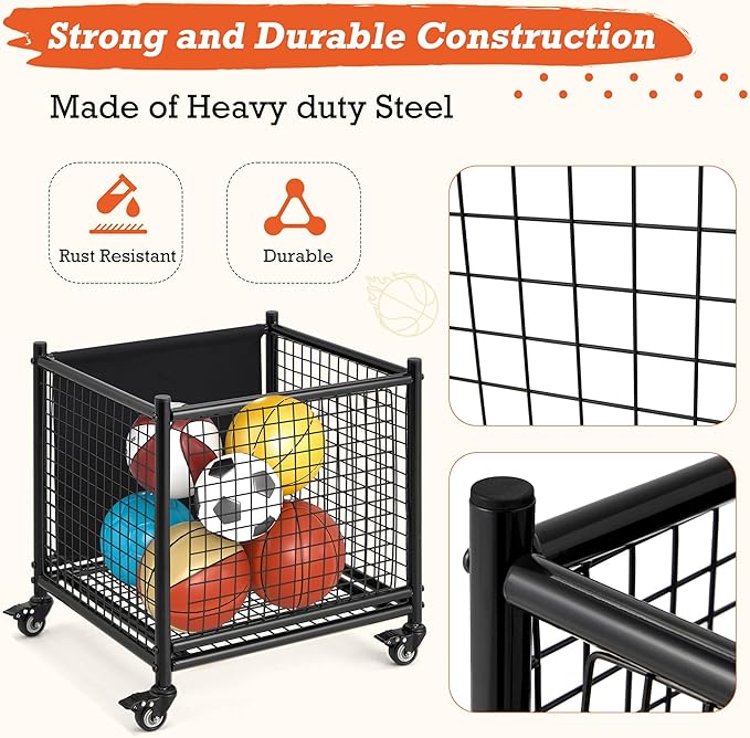 AECOJOY Ball Cart Storage, Rolling Basketball Bin with Wheels for Garage, School, Gym, Sports