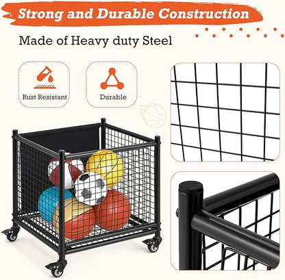AECOJOY Ball Cart Storage, Rolling Basketball Bin with Wheels for Garage, School, Gym, Sports
