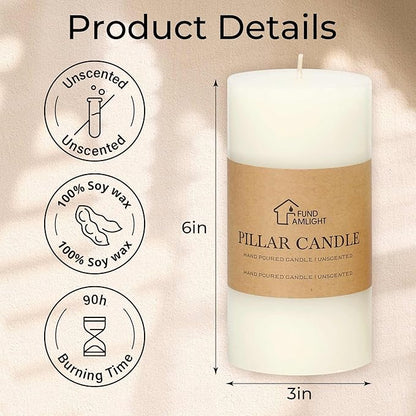 3x6 Inch White Pillar Candles Set of 3 - Decorative Unscented Pillar Candle, Long Burning Dripless