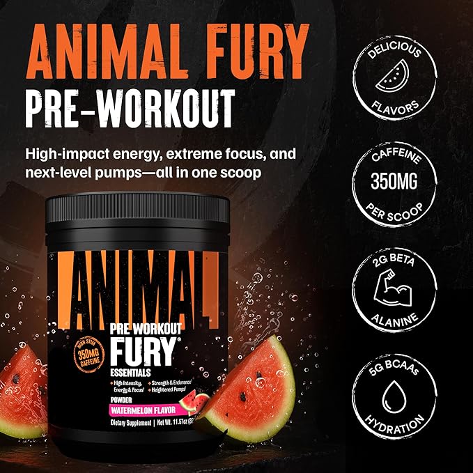 Animal Fury Pre Workout Powder - Watermelon, 350mg Caffeine, BCAA Amino Acids, 2g Beta Alanine