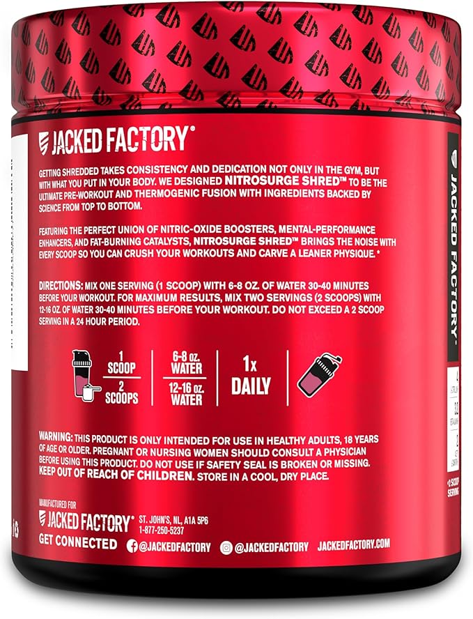 Jacked Factory NITROSURGE Shred Pre Workout Supplement - Energy Booster, Instant Strength Gains