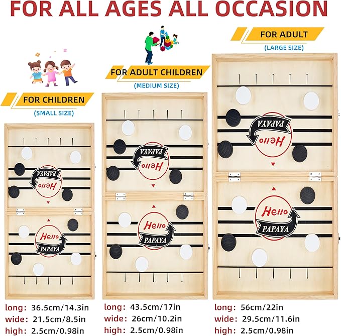 Foldable Fast Sling Puck Game with Chess Board and Checkers Board, Tic Tac Toe. Wooden Air Hockey