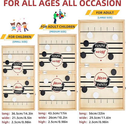 Foldable Fast Sling Puck Game with Chess Board and Checkers Board, Tic Tac Toe. Wooden Air Hockey