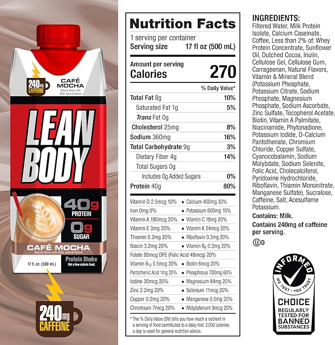 Lean Body Ready-to-Drink Café Mocha Protein Shake, 240mg Caffeine, 40g Protein, Whey Blend, 0