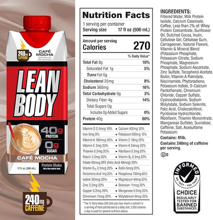 Lean Body Ready-to-Drink Café Mocha Protein Shake, 240mg Caffeine, 40g Protein, Whey Blend, 0