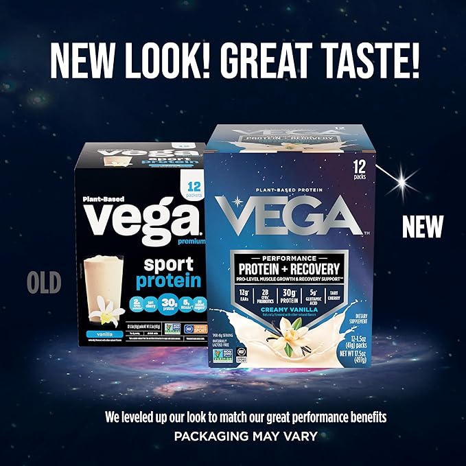 Vega Protein + Recovery - 30g Plant-Based Protein per Serving, Vanilla, 12 x 1.6oz Sachets, 5g