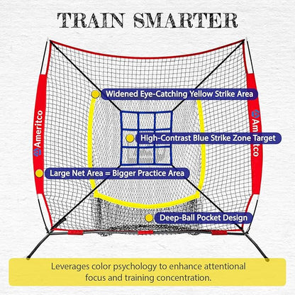 7x7ft Baseball Net with Strike Zone, Large Pocket Baseball Training Net for