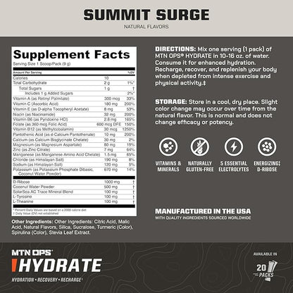 MTN OPS Hydrate Electrolytes Powder Drink Mix, 20 Single Serving On-The-Go Electrolyte Packs with