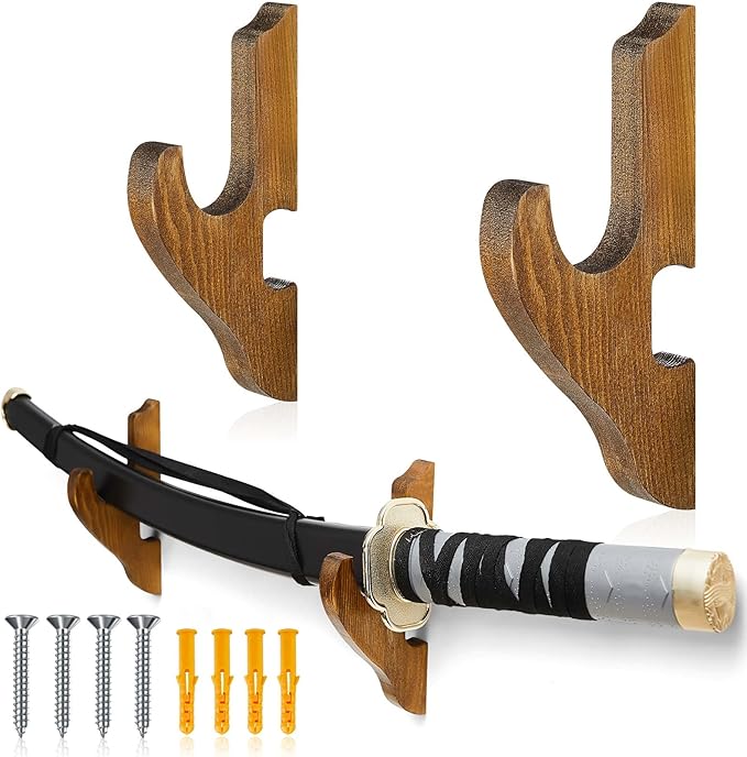 Chunful 2 Pcs Sword Wall Mount Sword Holder Katana Stand 1 Tier Katana Wall Mount Adjustable Hanger