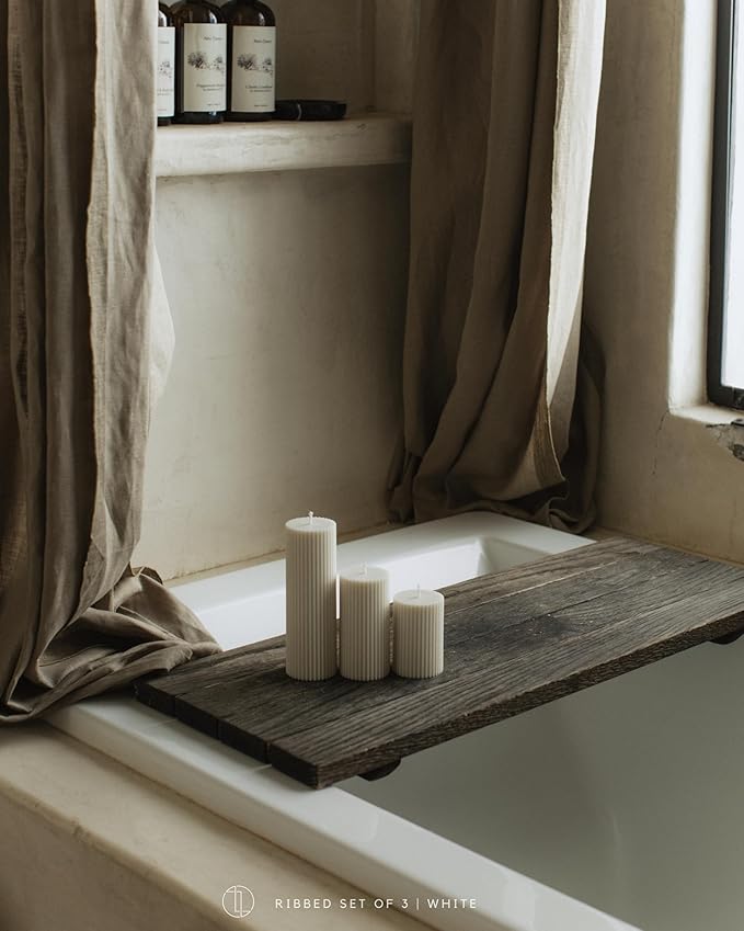 LAWA Roman Handmade Tall Ribbed Pillar Candle - Beautiful Scented Soy Wax Stripped Dinner Candle |