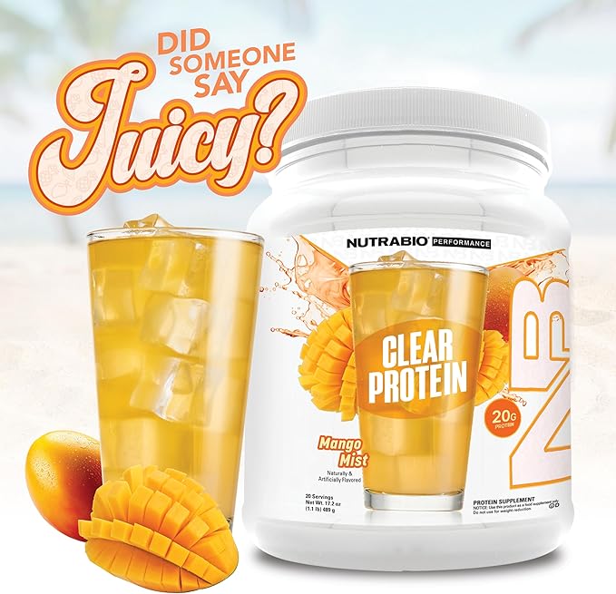 NutraBio Clear Protein Powder, Mango Mist - 20 Servings, 20g Clear Whey Protein Isolate, 0 Sugar