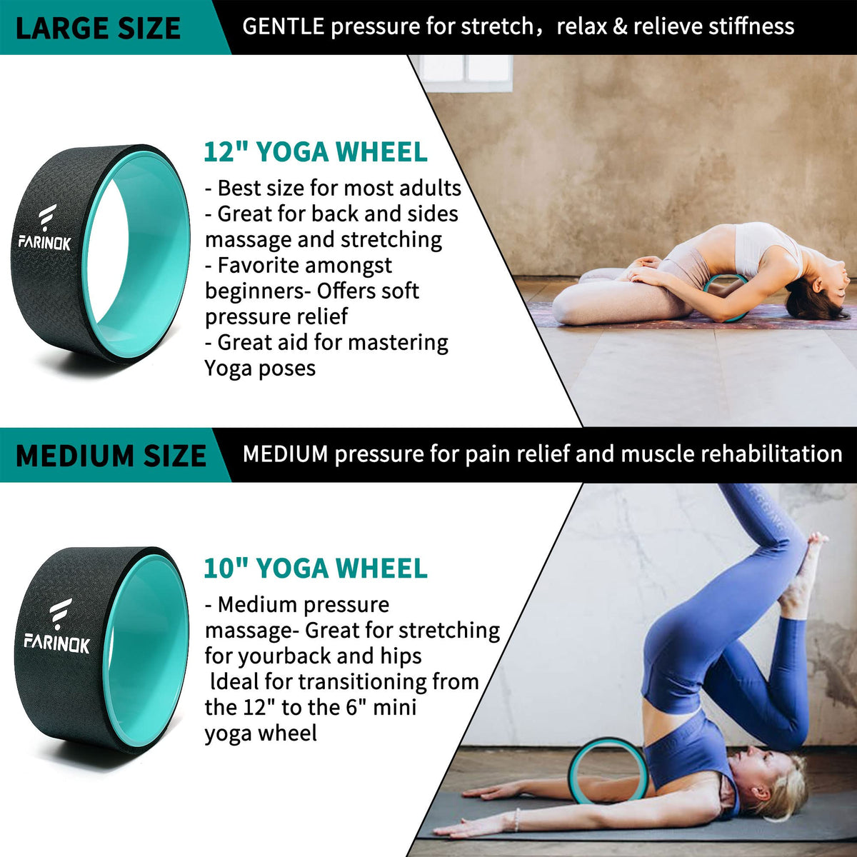 Yoga Wheel Set of 3+1, Upgraded 10MM Thick Back Wheels for Pain Relief