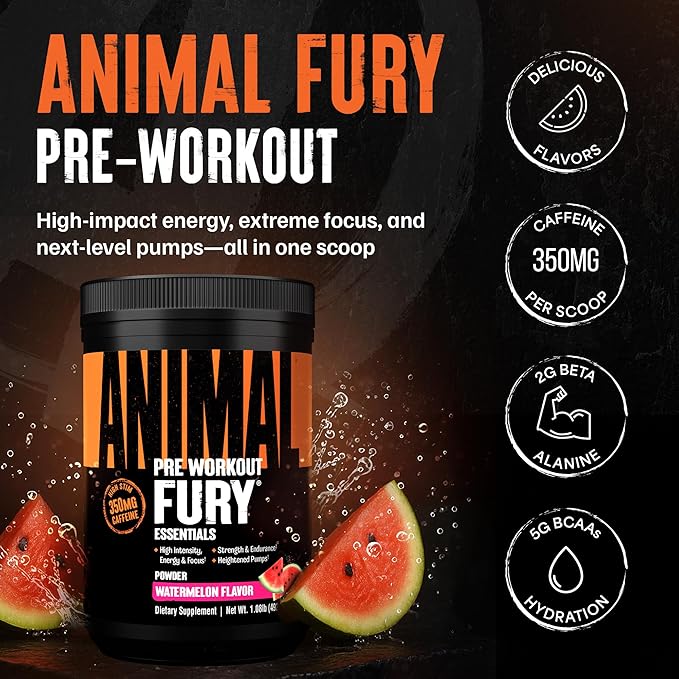 Animal Fury Pre Workout Powder Supplement for Energy and Focus 5g BCAA 350mg Caffeine Nitric Oxide