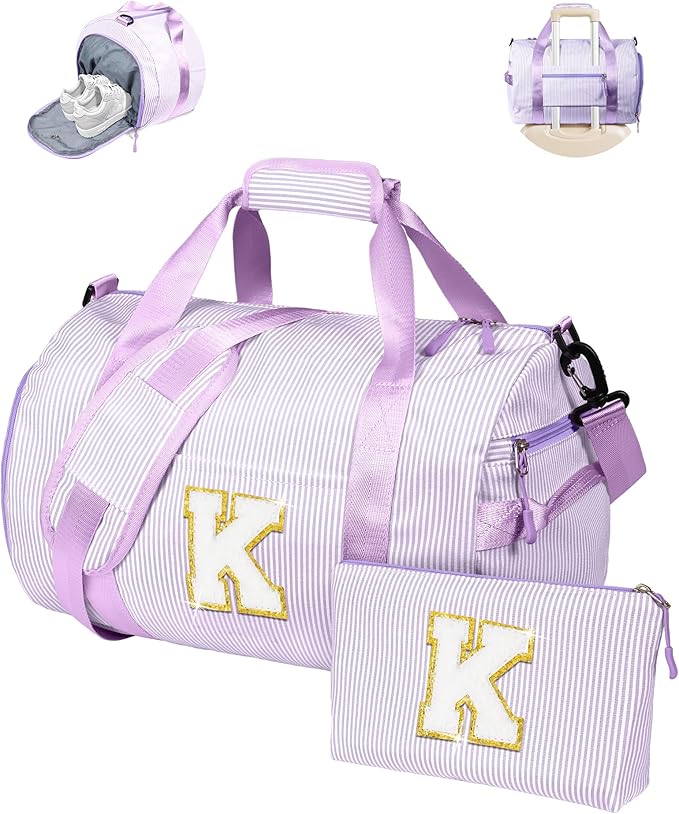 Gifts for Niece, Girl Gym Bag, Kids Initial Overnight Duffel Bags with Shoe Compartment