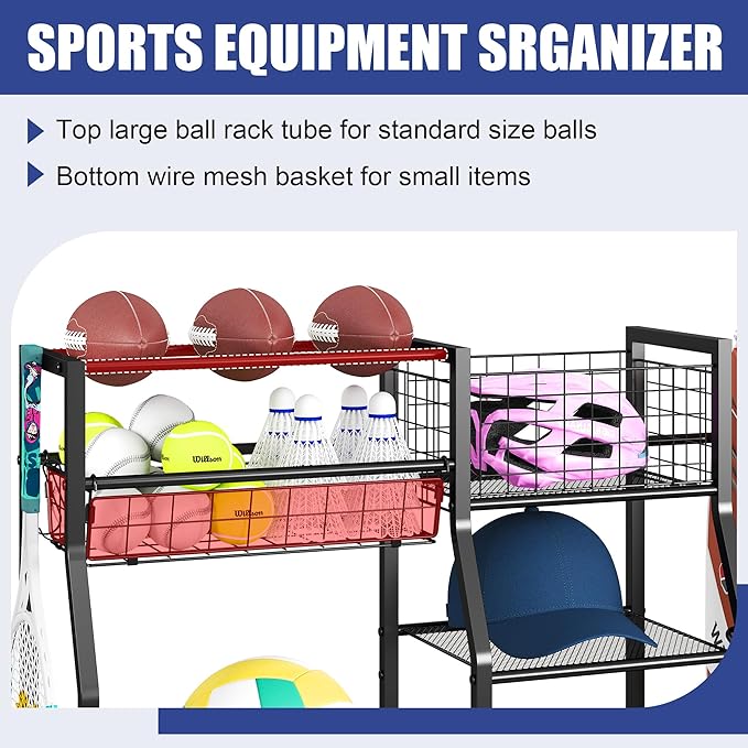 Sports Equipment Organizer Golf Bag Stand Golf Storage Organizer for Garage with Basket and Hooks