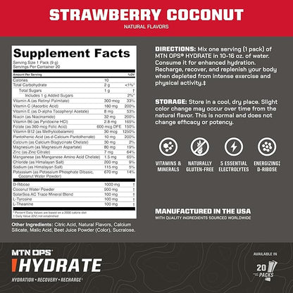 MTN OPS Hydrate Electrolytes Powder Drink Mix, 20 Single Serving On-The-Go Electrolyte Packs with