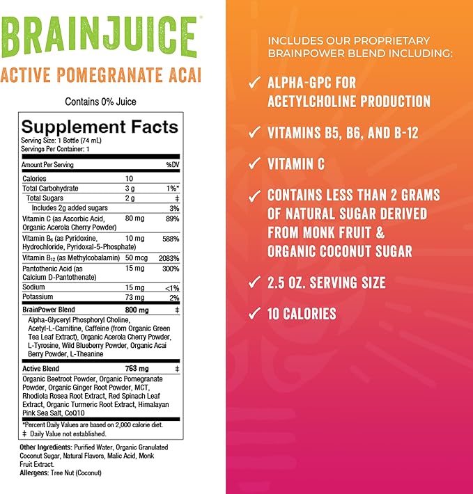 BrainJuice Active Focus & Energy Drink Shots, Supports Endurance, Recovery & Clarity, Non-GMO