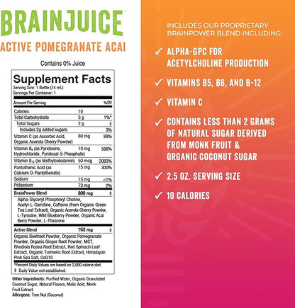 BrainJuice Active Focus & Energy Drink Shots, Supports Endurance, Recovery & Clarity, Non-GMO