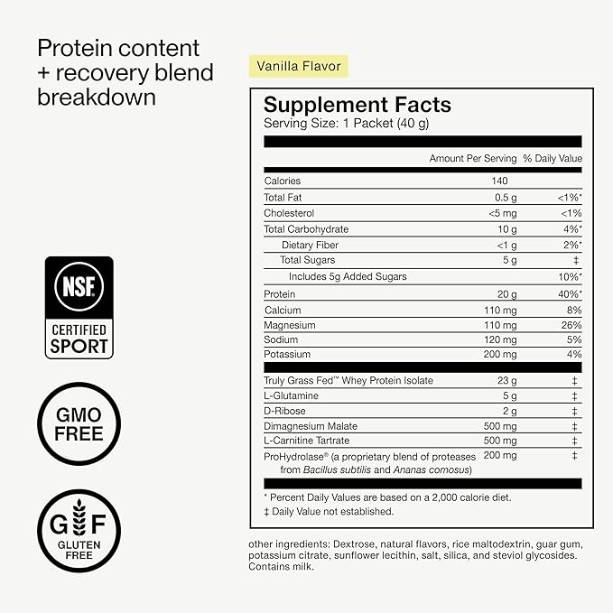 Momentous Recovery Grass-Fed Whey Protein Powder - 20 g Post-Workout Whey Isolate Protein - NSF
