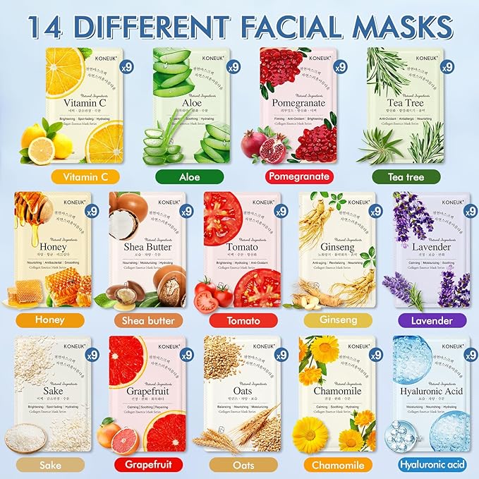 126 Pack Sheet Face Masks Skincare, Bulk Facial Mask Gifts Set for Women Skin Care, Hydrating Face