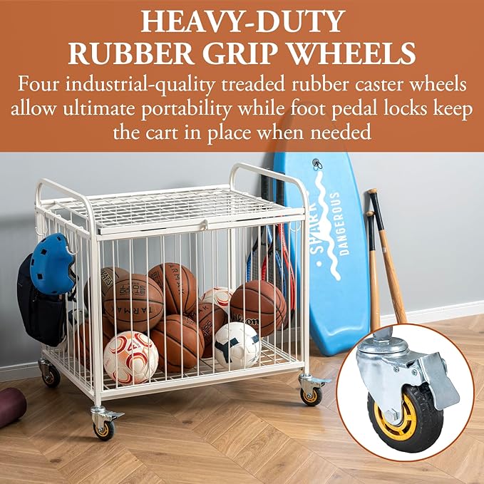 MyGift Large Capacity Metal Rolling Multi Sports Ball Cage Storage Hopper, Gym Equipment Basket