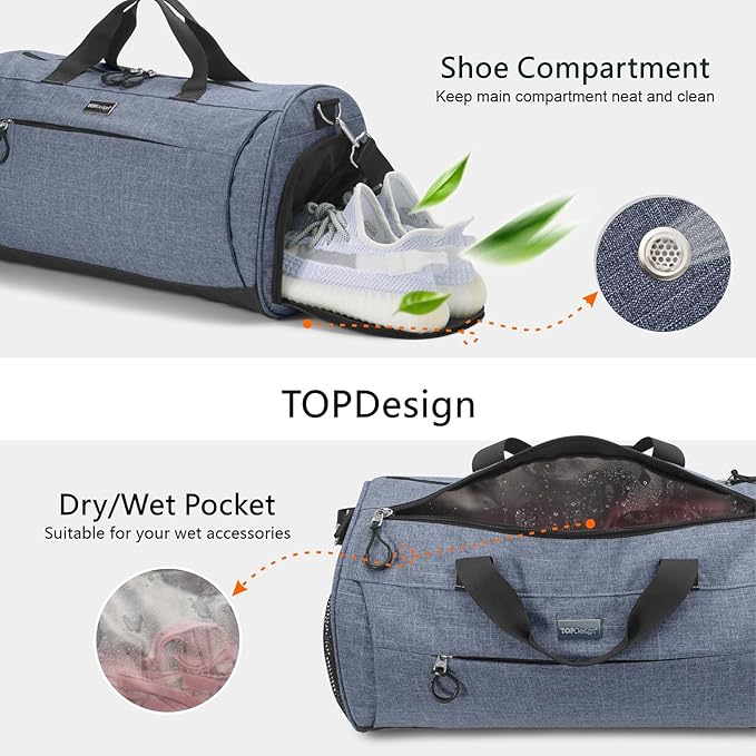 TOPDesign Gym Bag for Women & Men, Unisex Duffel Bag with Shoe Compartment & Wet Pocket for Travel