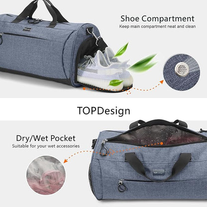 TOPDesign Gym Bag for Women & Men, Unisex Duffel Bag with Shoe Compartment & Wet Pocket for Travel