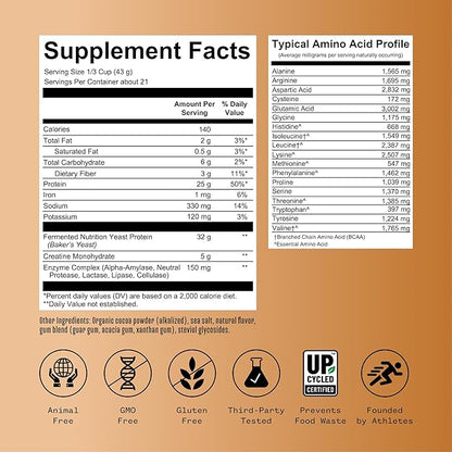 RNWY 25g Chocolate Protein + 5g Creatine Powder, Vegan Plant-Based Protein with Digestive Enzymes