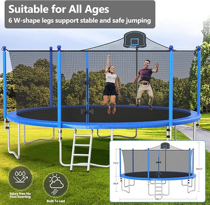 Upgraded 10/12/14/15/16FT Trampoline Outdoor, Large Kids Trampoline with Light, Stakes, Sprinkler