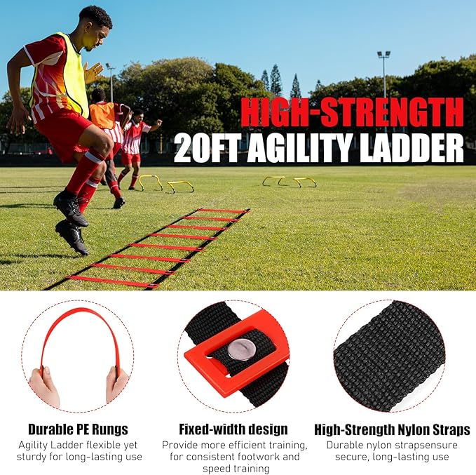 Soccer Training Equipment, Agility Speed Training Set with 20ft Speed Ladder, 12 Cones, 4