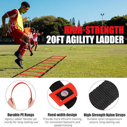 Soccer Training Equipment, Agility Speed Training Set with 20ft Speed Ladder, 12 Cones, 4