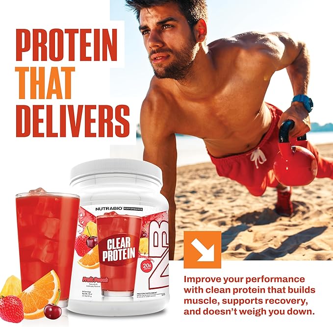 NutraBio Clear Protein Powder, Fruit Punch - 20 Servings, 20g Clear Whey Protein Isolate, 0 Sugar