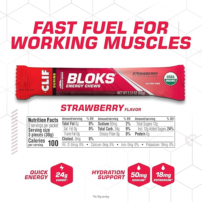 CLIF BLOKS - Strawberry Flavor - Energy Chews - Non-GMO - Plant Based - Fast Fuel for Cycling and