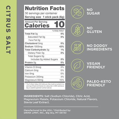 Drink LMNT Zero Sugar Electrolytes - Citrus Salt | Drink Mix | 30-Count