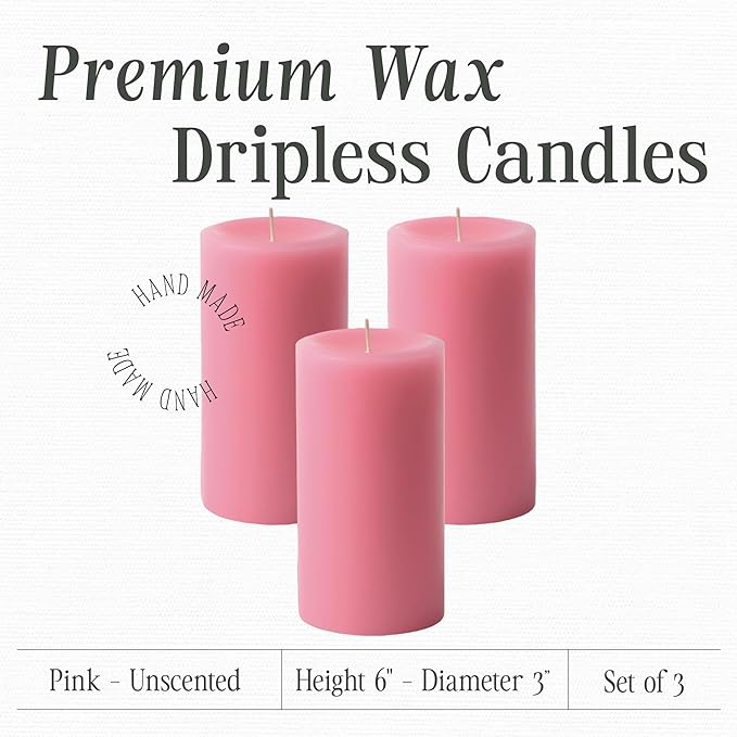 Mister Candle Dripless Unscented Pillar Candles, Set of 3 Hand Poured Pink Pillar Candles, Solid