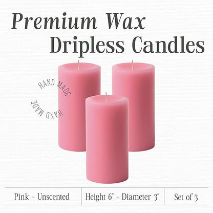 Mister Candle Dripless Unscented Pillar Candles, Set of 3 Hand Poured Pink Pillar Candles, Solid