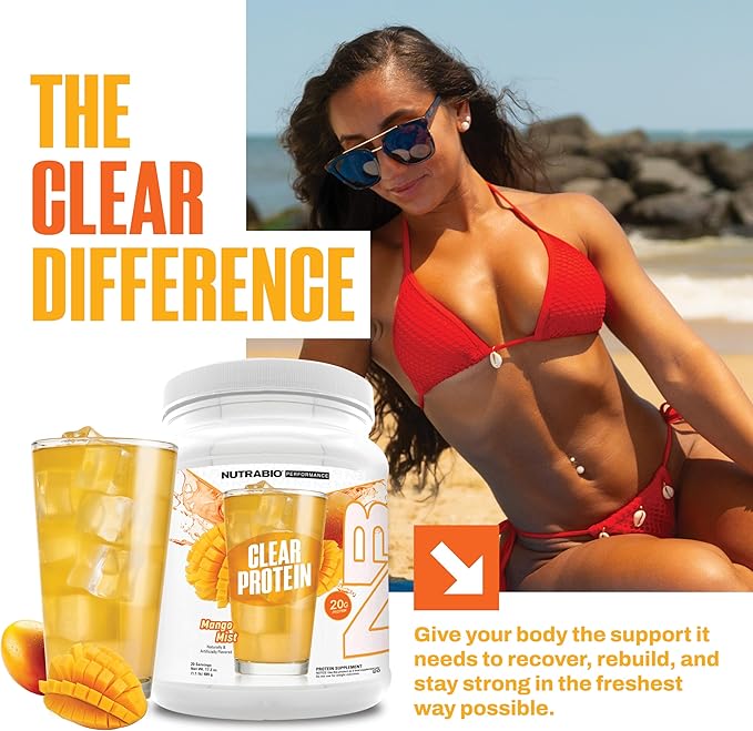 NutraBio Clear Protein Powder, Mango Mist - 20 Servings, 20g Clear Whey Protein Isolate, 0 Sugar