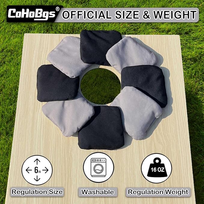 CoHoBgs Corn Hole Bags Set 8, Professional Cornhole Bags Dual-Sided Slick & Stick Resin Filled