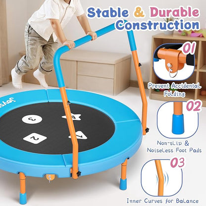3FT Toddler Trampoline with Adjustable Handlebar, 36" Foldable & Spring-Free, Mini Kids Indoor