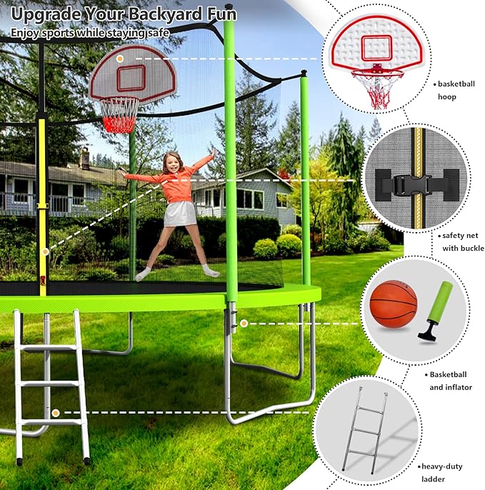 Upgraded 10/12/14/15/16FT Trampoline Outdoor, Large Kids Trampoline with Light, Stakes, Sprinkler
